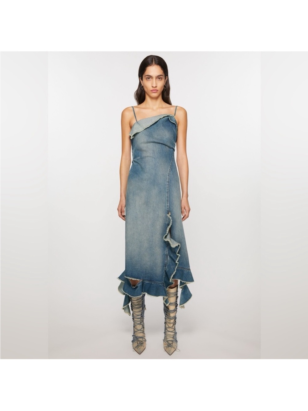 Ruffle-Trim Denim Midi Slip Dress - Blue‎